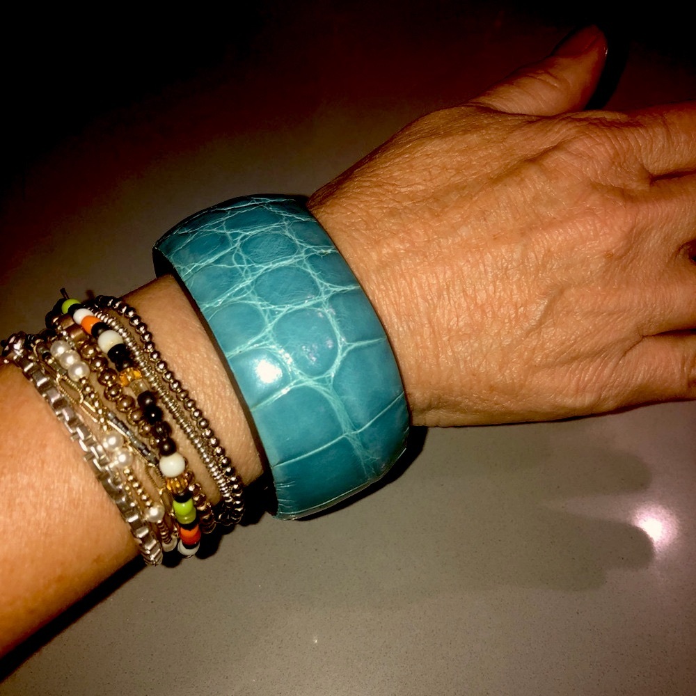 1-1/2" Alligator Glazed Blue Adjustable Leather Cuff Bracelet